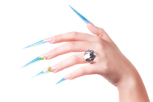 extremely long nails with nail-art and crystal jewellery,