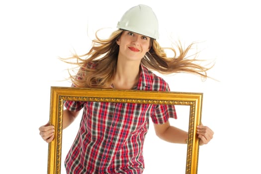 Young woman in a protective helmet on a white background