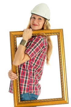 Young woman in a protective helmet on a white background