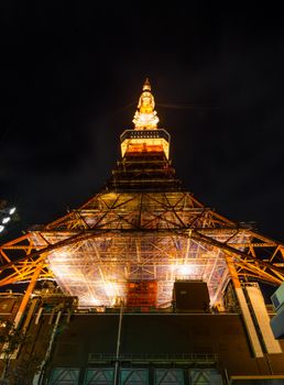 Tokyo Tower at night, worm eye view