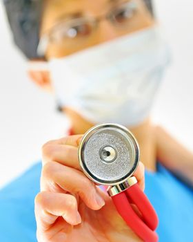  female doctor with stethoscope in hospital