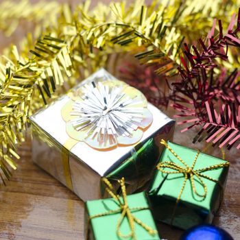 item decorate for christmas tree on wood background