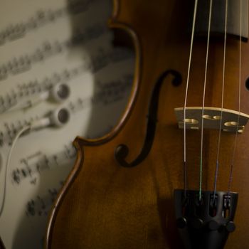 "time to practice violin" violin with sheet music on vintage style