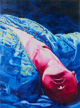 Acrylic painting of woman lie down upside down in duotones colors