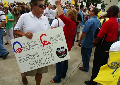 DALLAS - SEP 04 : A conservative Tea Party Express protest of big government and Obamacare in Dallas. Taken September 04, 2009 in Dallas, TX.