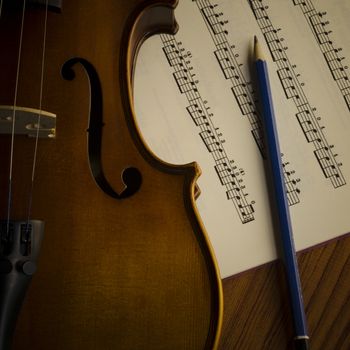 "time to practice violin" violin with sheet music on vintage style