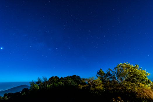 Starry in blue sky night time scene with milky way high iso