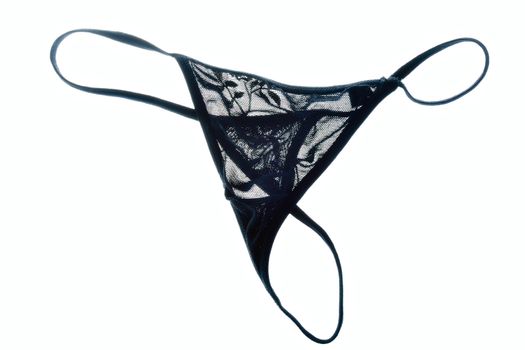 Black lace thong on white background