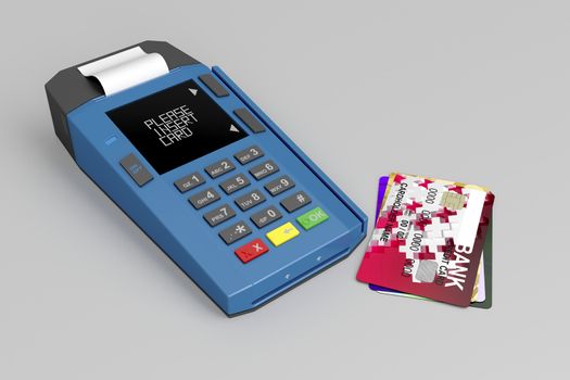 Credit card reader and many credit cards on gray background