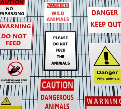 Illustration of many animal related warning signs on a metal fence