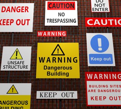 Illustration of many building related warning signs on a fence in front of a brick wall