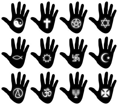 Illustration of twelve hands with religious related symbols