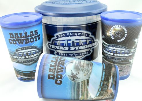 FRISCO, TX - February 6, 2014: Dallas Cowboys football hologram drink cups and popcorn bucket from the last season in Texas Stadium. Stadium was imploded on 4/11/2010.