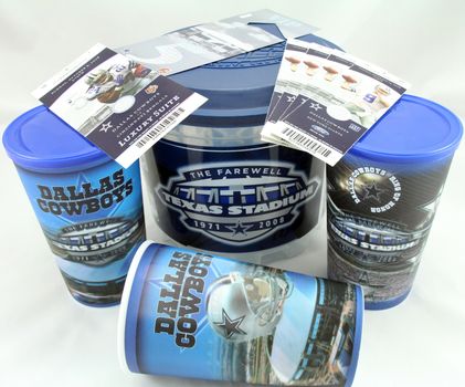 FRISCO, TX - February 6, 2014: Dallas Cowboys football hologram drink cups, popcorn bucket, parking pass and tickets from the last season in Texas Stadium. Stadium was imploded on 4/11/2010.