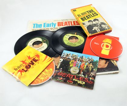 FRISCO, TX - February 8, 2014: Beatles LP, singles, CDs and book. The band marks its 50th anniversary appearance on the Ed Sullivan show Sunday, Feb. 9, 2014. They arrived on the American scene in 1964. McCartney and Ringo are the only two surviving members.