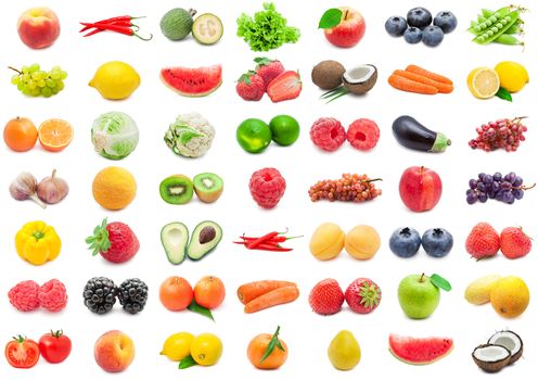 Collection of various fruits and vegetables isolated on white background