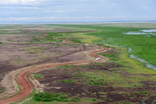 the road of amboseli national park in South Kenya.