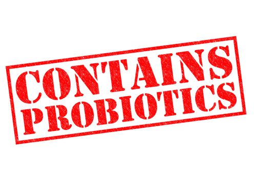 CONTAINS PROBIOTICS red Rubber Stamp over a white background.