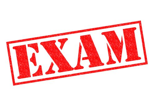EXAM red Rubber Stamp over a white background.