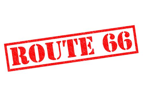 ROUTE 66 red Rubber Stamp over a white background.