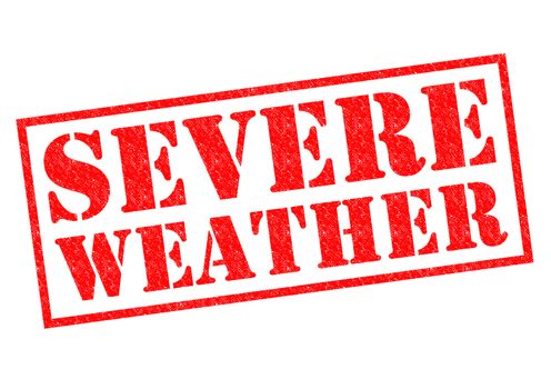 SEVERE WEATHER red Rubber Stamp over a white background.