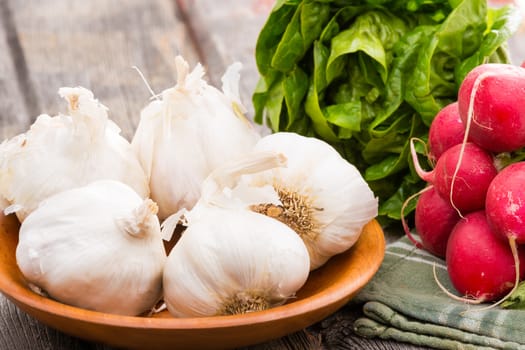 Fresh healthy whole garlic bulbs,. a bunch of crisp red radish and leafy green lettuce ready to make a delicious salad as an accompaniment to a meal