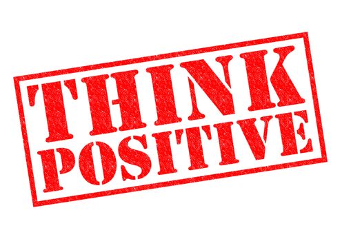 THINK POSITIVE red Rubber Stamp over a white background.