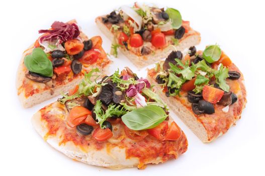 Quartered deep pan pizza on a white background 