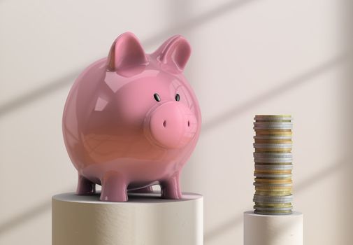 Piggybank and coins standing on bright white room