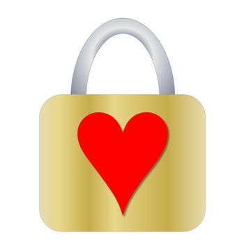 Golden padlock with red heart shape on it in white background