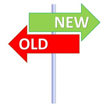 Signpost showing two different directions between new and old in white background