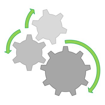 Three grey gears and green arrows to show right movement in white background