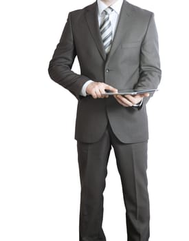 Man in suit holding tablet pc. Crop