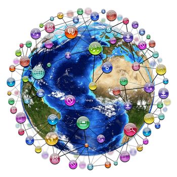 Application icons around the earth. The concept of software