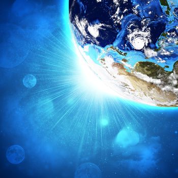 Earth planet in sun rays. Elements of this image are furnished by NASA