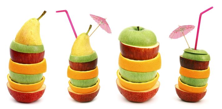 Stack of different fruit slices on white background