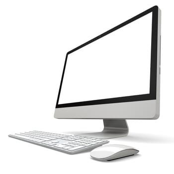 Modern desktop computer with white blank screen isolated on white background