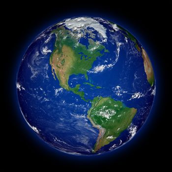 American continent on blue planet Earth isolated on black background. Highly detailed planet surface. Elements of this image furnished by NASA.