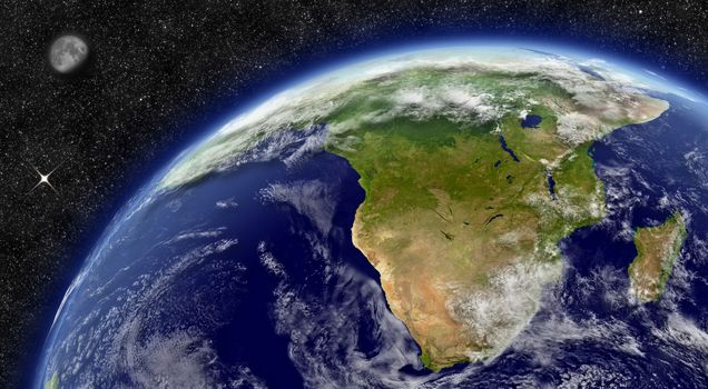South Africa region on planet Earth from space with Moon and stars in the background. Elements of this image furnished by NASA.