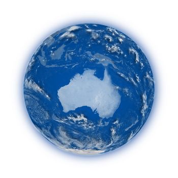 Australia on blue planet Earth isolated on white background. Highly detailed planet surface. Elements of this image furnished by NASA.