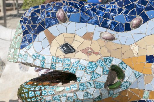 detailed head fragment of famous lizard sculpture from Barcelona Park Guell