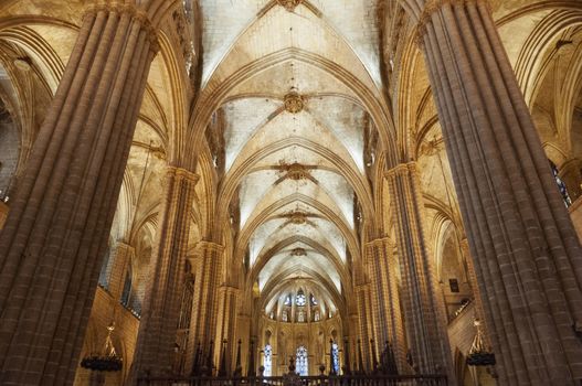 magnificent interior of arc roof inside famous Barcelona Cathedral medieval building