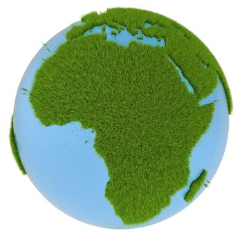 African continent on green planet covered with grass isolated on white background. Concept of ecology and clean environment