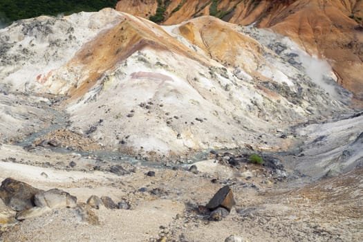 colorful volcanic land with hot spring between hills
