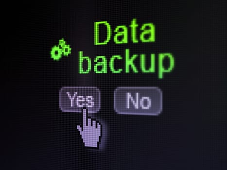 Data concept: buttons yes and no with pixelated Gears icon, word Data Backup and Hand cursor on digital computer screen, selected focus 3d render