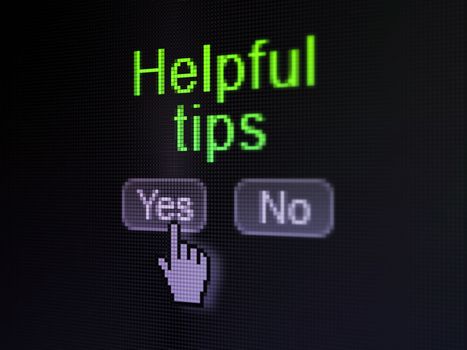 Education concept: buttons yes and no with pixelated word Helpful Tips and Hand cursor on digital computer screen, selected focus 3d render