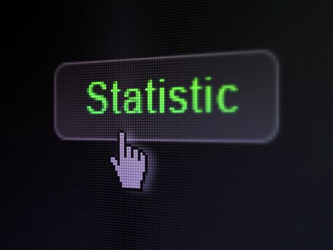 Finance concept: pixelated words Statistics on button with Hand cursor on digital computer screen background, selected focus 3d render