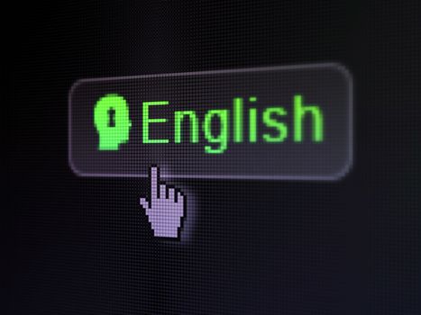 Education concept: pixelated words English and Head With Keyhole icon on button withHand cursor on digital computer screen background, selected focus 3d render