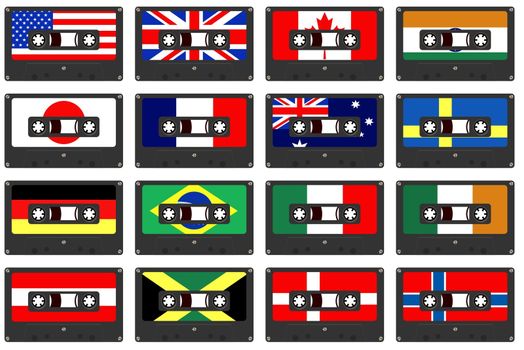 Illustration of retro cassette tapes with flag labels