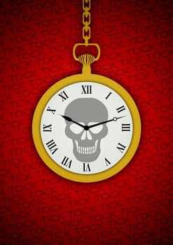 Illustration of a pocket watch with a skull on the face and the words tick tock in the background